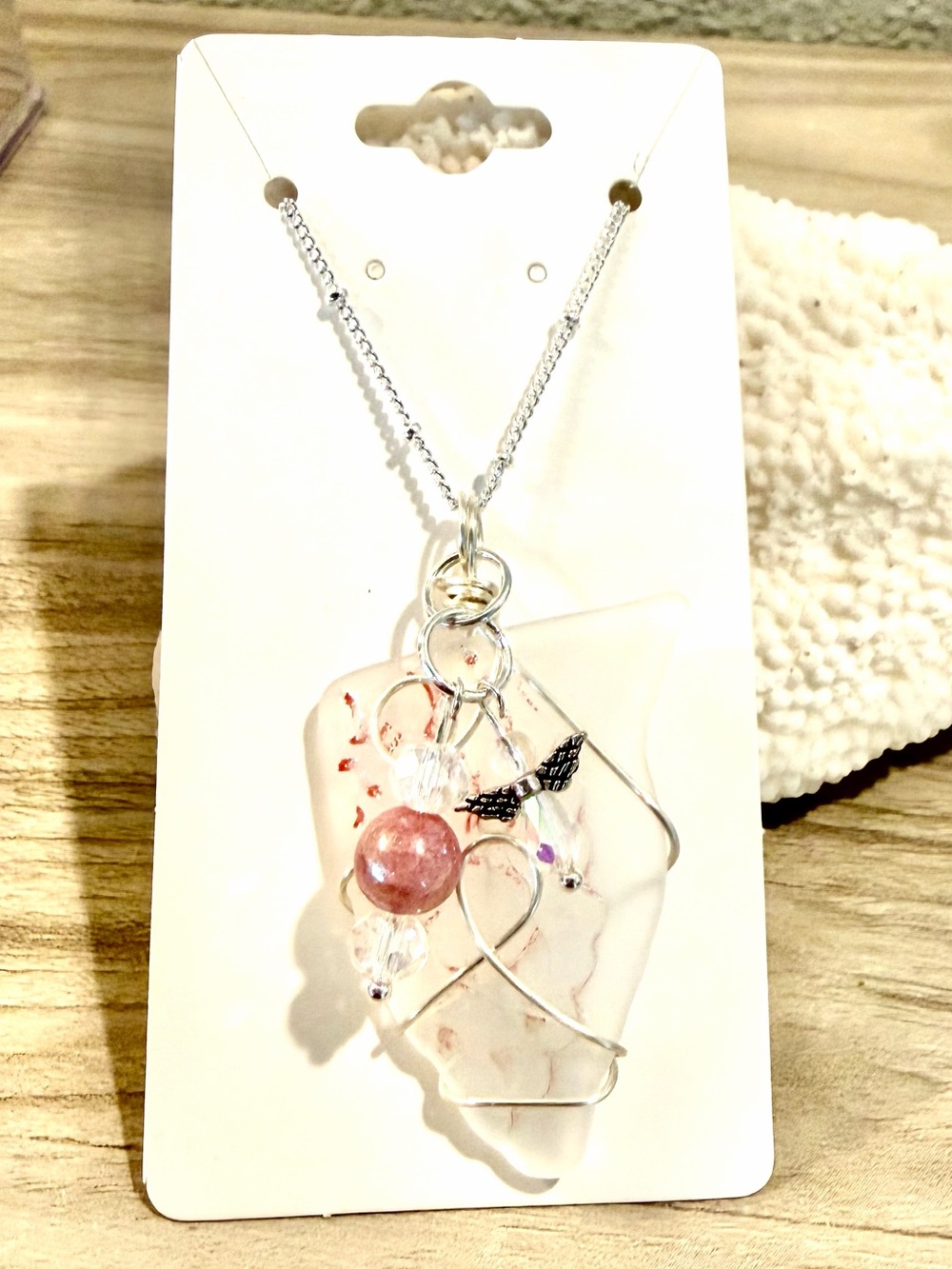 50. Handcrafted frosted Sea Glass Pendant Necklace with Sunstone and angel charm